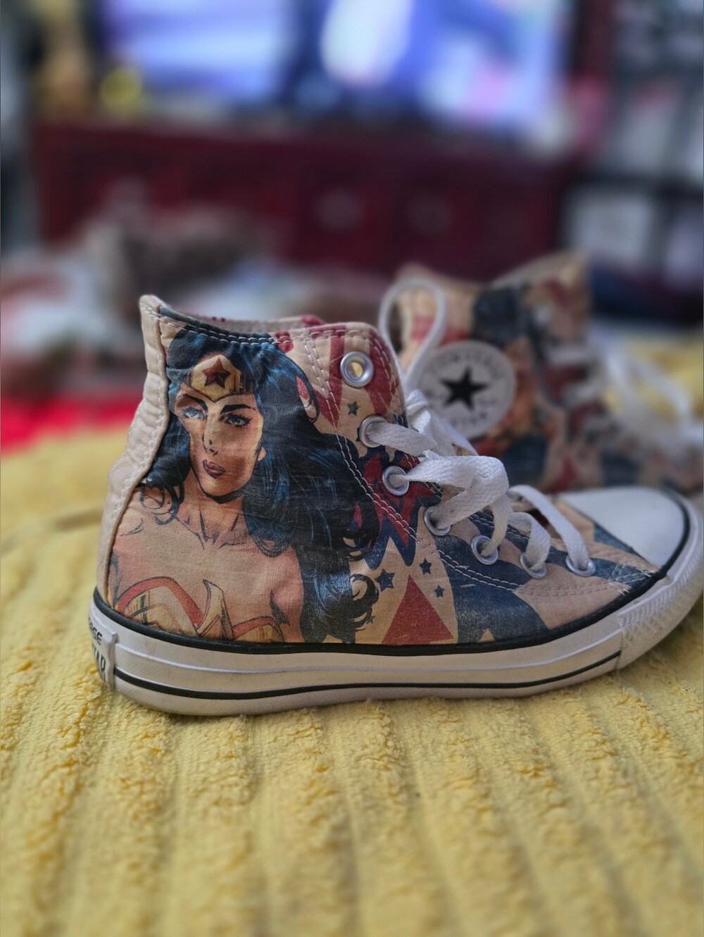 Converse High Top Sneakers in Red, Blue, Cream & Tan - Wonder Woman Comic Art